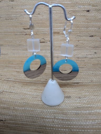 Walnut wood earring Frosted white square glass bead with hoop shaped  bead Silve